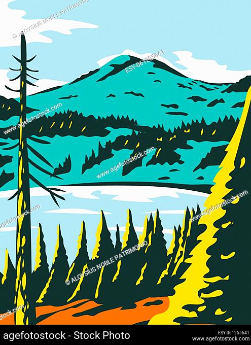 WPA poster art of the Lassen Volcanic National Park, a national park in California with the largest plug dome volcano and Lake Helen done in works project...
