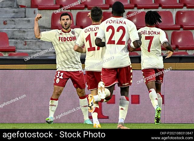 Kevin Volland of Monako (left) celebrates goal during the UEFA Champions League 3rd qualifying round soccer match AC Sparta Praha vs AS Monaco in Prague