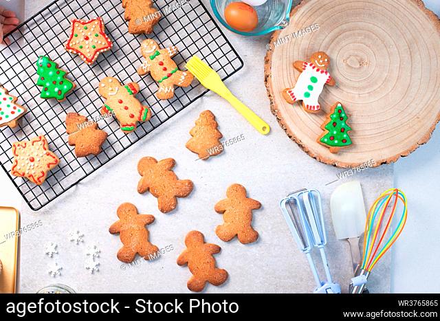 Overhead view, Christmas decorated cookies, iced biscuits