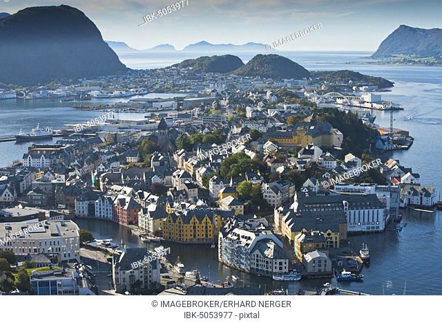 City view from the viewpoint Fjellstua on the mountain Aksla, Alesund, Norway, Europe