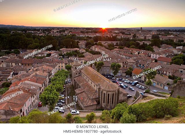 France, Aude, Carcassonne, the Bastide Saint Louis (Lower Town), the church of Saint Gimer neo Gothic style in front of the city was built by Viollet le Duc in...