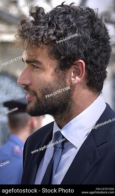 Italy's tennis player and Wimbledon's 2021 finalist, Matteo Berrettini arrives to attend a ceremony along with players of Italy's national football team