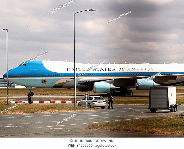 Air Force 1, carrying US President Donald Trump and First Lady Melania, lands at Stansted Airport Featuring: Air Force 1 Where: London