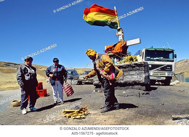 Offerings to the Pachamama at the summit on the road La Paz-Coroico, La Paz Department, Bolivia
