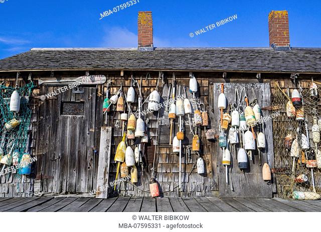 USA, New England, Maine, Cape Neddick, lobster shack with buoys