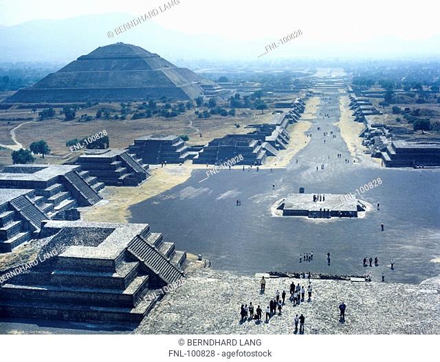 High angle view of pyramids, Piramide De La Luna, Piramide Del Sol, Teotihuacan, Mexico