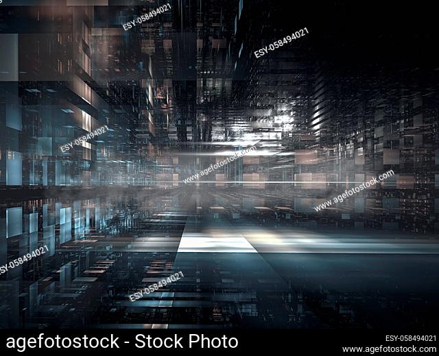 Abstract dark and gloomy sci fi or high tech background - computer-generated 3d illustration. Empty streets of futuristic city. Apocalypse theme