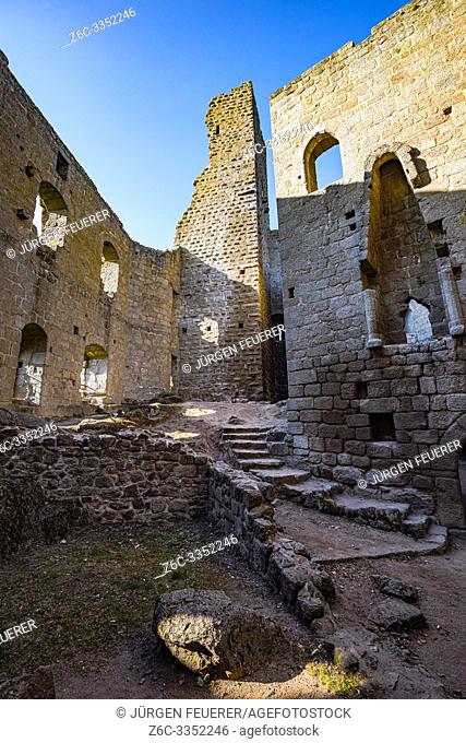 medieval castle Spesburg in the borough of the village Andlau, Alsace, France, Château de Spesbourg, inside view of the ruin