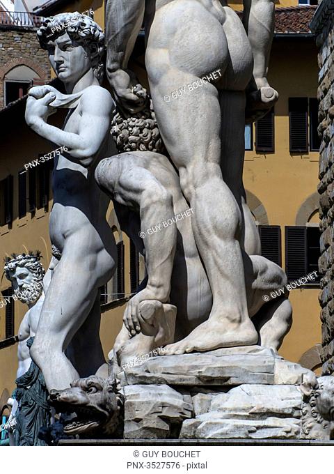Italy, Tuscany, Florence, sculptures of the Nettuno Fountain, Michelangelo's David and Hercules and Cacus