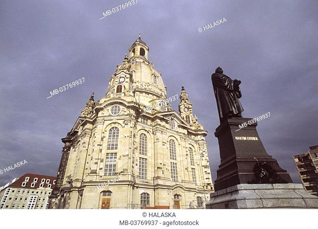 Germany, Saxony, Dresden,  old town, women church, Martin Luther  Statue Europe, Central Europe, city, district, UNESCO-World Heritage Site, church, chapel