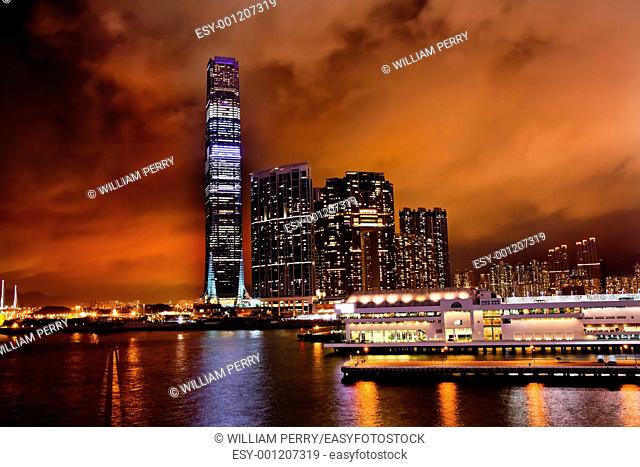 Inernational Commerce Center ICC Building Kowloon Hong Kong Harbor at Night 4th Largest Building in the World