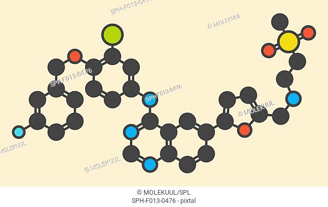 Lapatinib cancer drug molecule. Dual tyrosine kinase inhibitor, used in treatment of breast cancer. Stylized skeletal formula (chemical structure)