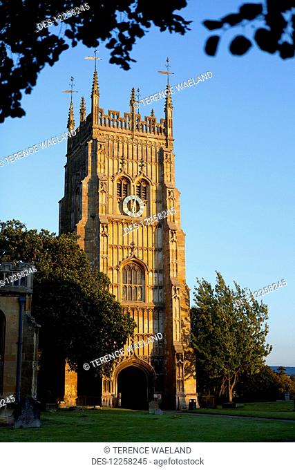 Evesham Abbey bell tower in the evening light; Evesham, Worcestershire, England
