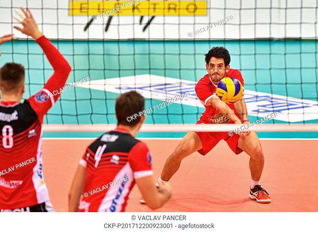 L-R Peter Ondrovic and Filip Krestan of Budejovice and Oren Zyndorf of Hapoel in action during the 2018 CEV Volleyball Champions League - Men, 3rd Round