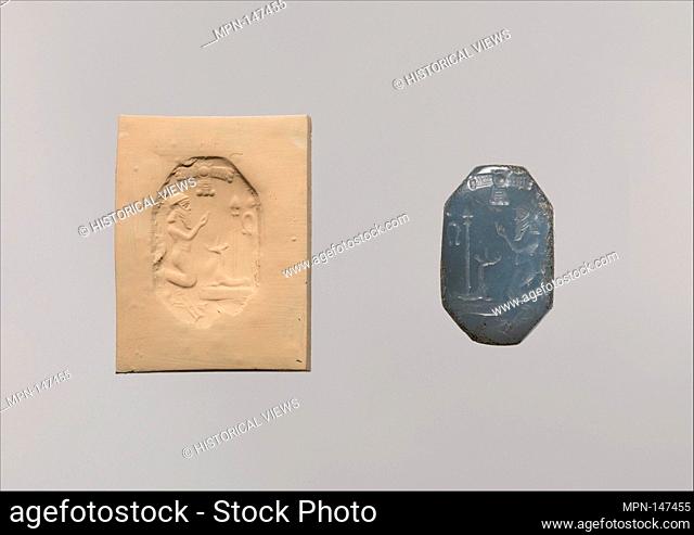 Stamp seal: worshiper kneeling before mushhushshu-dragon and standard. Period: Neo-Babylonian; Date: ca. 6th-5th century B