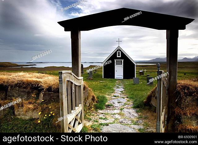 Cemetery gate, Church, Court chapel, Bjarnahöfn, Snæfellsnes, Snäfellsnes peninsula, West coast, Iceland, Europe