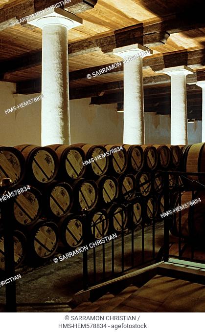 France, Gironde, Bordeaux Wine Region, Chateau Margaux, Premier Cru Classe First Great Growths, Bordeaux vintage wine classification of 1855, wine store barrels