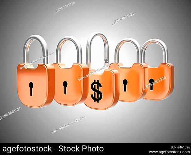 Padlocks concept: US dollar currency safety. Over grey