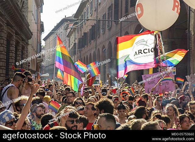 Demonstration of Gay Pride in Bologna. Over 50, 000 people attending Gay Pride in the city where Arcigay borned. Bologna (Italy), 7 July 2018