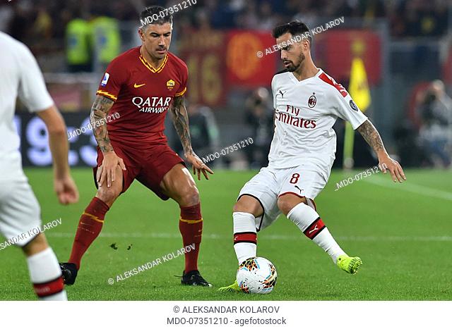 Roma football player Aleksandar Kolarov and Milan football player Suso during the match Roma-Milan in the Olimpic stadium