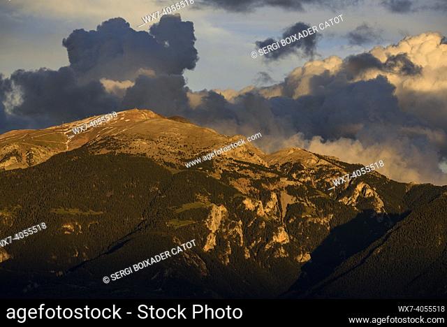 Spring sunset in La Cerdanya, seen from near Ordèn, with Tosa d'Alp summit in the background (Lleida, Catalonia, Spain, Pyrenees)