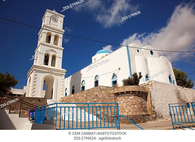 View to the blue domed main church in the port village Adamas, Milos, Cyclades Islands, Greek Islands, Greece, Europe