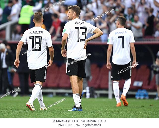 Unsatisfied, frustrated by Joshua Kimmich (Germany), Thomas Mueller (Germany) and Julian Draxler (Germany) / left to right GES / Soccer / World Cup 2018 Russia:...