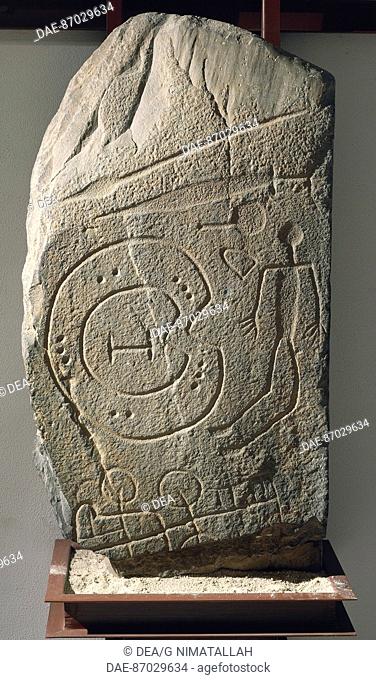Prehistory, Spain, Bronze Age. Slate funerary stele. From Caceres.  Madrid, Museo Arqueológico Nacional