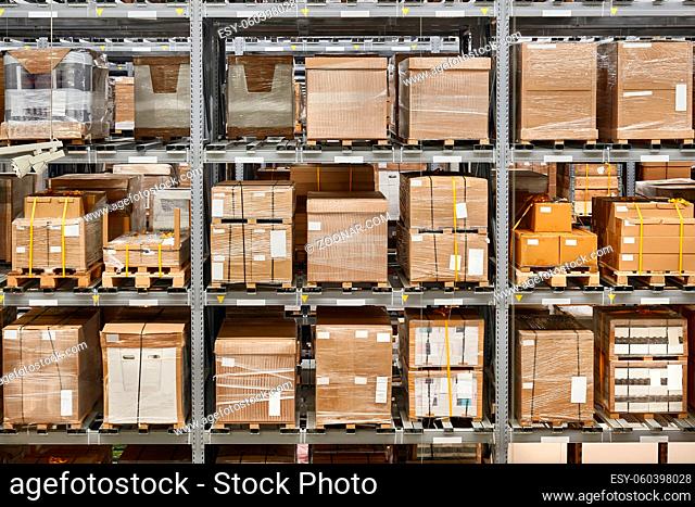 Warehouse shelves with loaded loaded up with bulk boxes