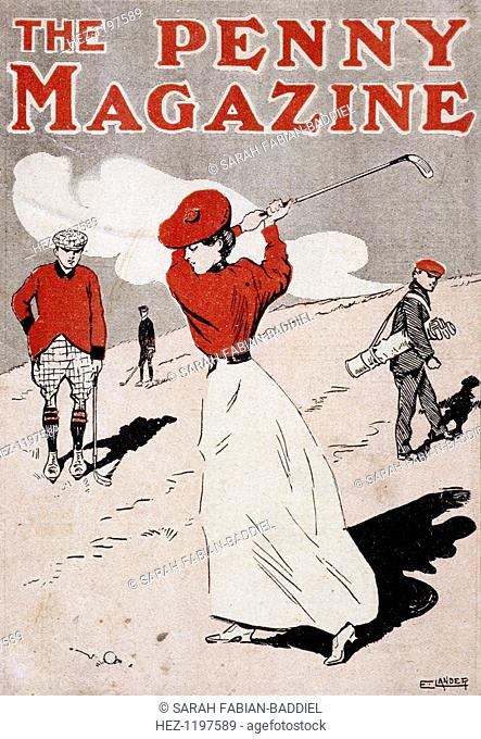 Lady golfer taking a swing on the cover of 'The Penny Magazine', c1900