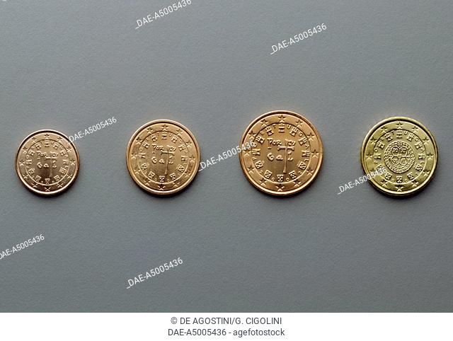 1 cent, 2 cent, 5 cent and 10 cent euro coins, issued in Portugal, 2002, obverse depicting the 1134 royal seal and 1142 royal seal