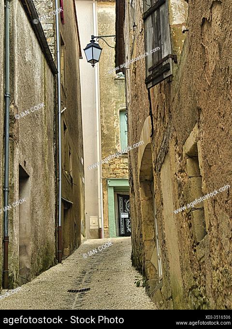 narrow street, Belves, Dordogne Department, Nouvelle Aquitaine, France