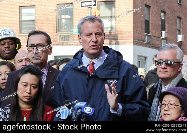 Chinatown, New York, USA, January 24, 2020 - Mayor Bill de Blasio along with Daniel A. Nigro the Commissioner of the New York City Fire Department (FDNY) visits...