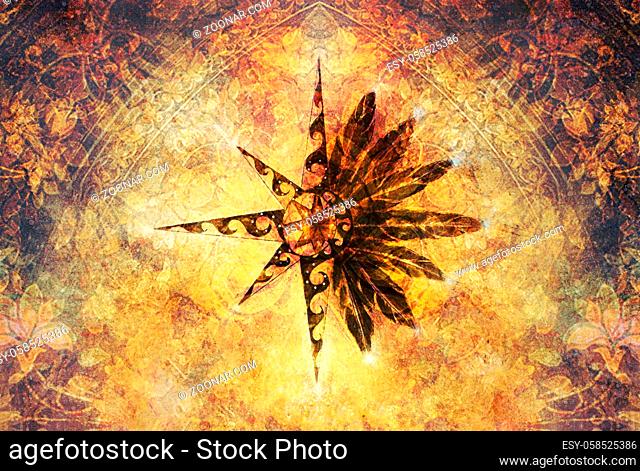 color ornamental structure and ornamental star with feathers, loral ornamental background. sepia tones