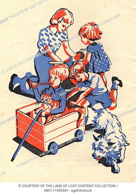 The Happy Venture Readers, Introductory Book - children playing in Cart with Terrier and Cat, 1930's