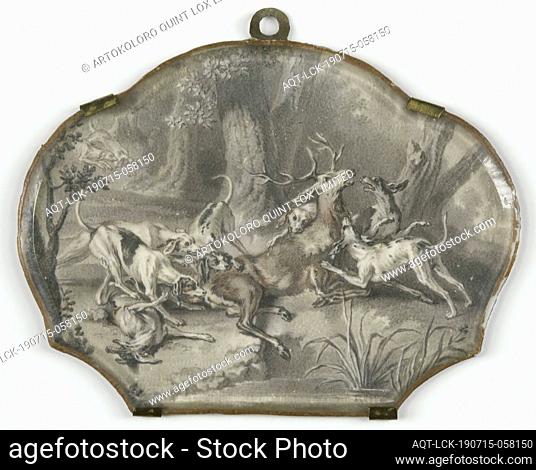 Deer Hunting, Deer Hunting. In a forest, a deer with young are torn apart by a pack of dogs. After an original by Jean Baptiste Oudry