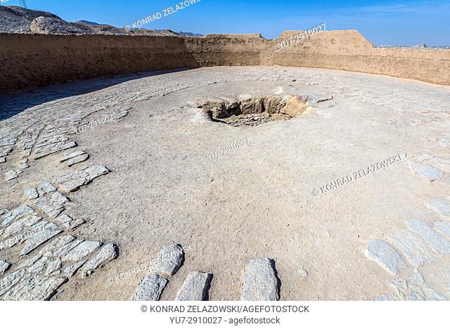 Central circular pit of Ancient Zoroastrian Tower of Silence, where the dead bodies was once exposed to the elements and local fowl in Yazd, Iran