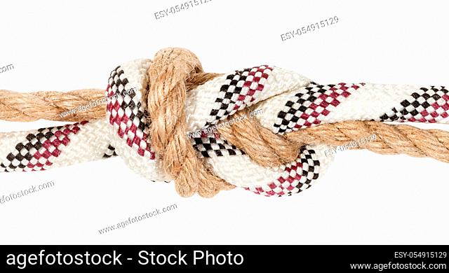 flemish bend joining two ropes close up isolated on white background