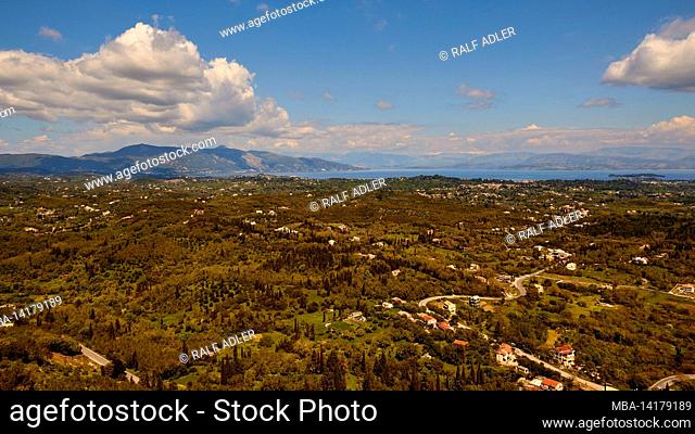 Greece, Greek Islands, Ionian Islands, Corfu, central north of the island, viewpoint Emperor's Throne, view of the west and east coast, view platform, blue sky