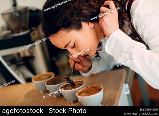 Cup Taster Girl Tasting Degustation Coffee Quality Test. Coffee Cupping