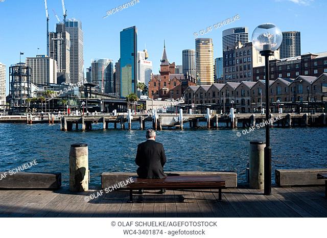 Sydney, New South Wales, Australia - View across Campbells Cove of the city skyline in the central business district and The Rocks district