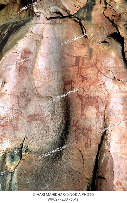Cave paintings showing animals and palm on rock shelters no 3 ten thousands years old at Bhimbetka near Bhopal , Madhya Pradesh , India