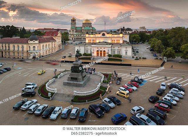Bulgaria, Sofia, Ploshtad Narodno Sabranie Square, Statue of Russian Tsar Alexander II, National Assembly building, and Alexander Nevski Cathedral