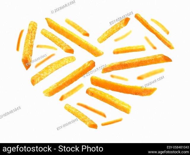 French fries in the shape of a heart on a white background
