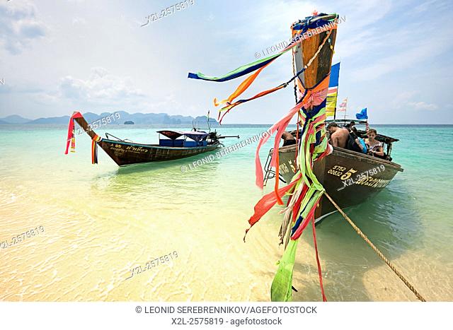 Longtail boats at the beach on Poda Island (Koh Poda). Krabi Province, Thailand