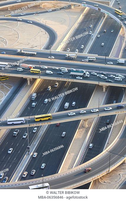 UAE, Dubai, Downtown Dubai, Sheik Zayed Road interchange, elevated view