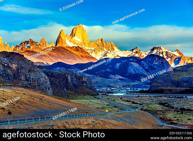 Early morning in the village of El-Chalten. Fitzroi or Chaltel - mountain peak in Patagonia in the border area. The concept of extreme, active and photo tourism