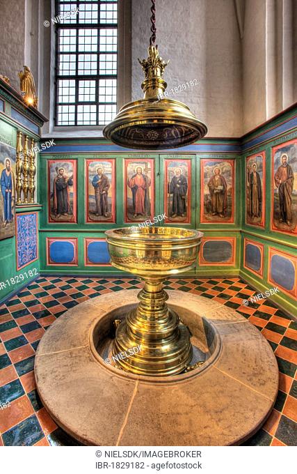 The baptismal font in Sct. Olai Domkirke cathedral, Helsingør, Elsinore, Denmark, Europe
