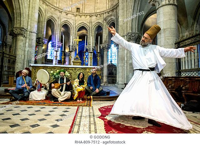 Sufi music band and Whirling Dervish at Sufi Muslim wedding in St. Nicolas's Catholic church, Blois, Loir-et-Cher, France, Europe