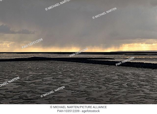 Range of clouds above dark fascines in the wet sludge of the North Frisian Wadden Sea near the small island Hallig Oland, 23 April 2016 | usage worldwide